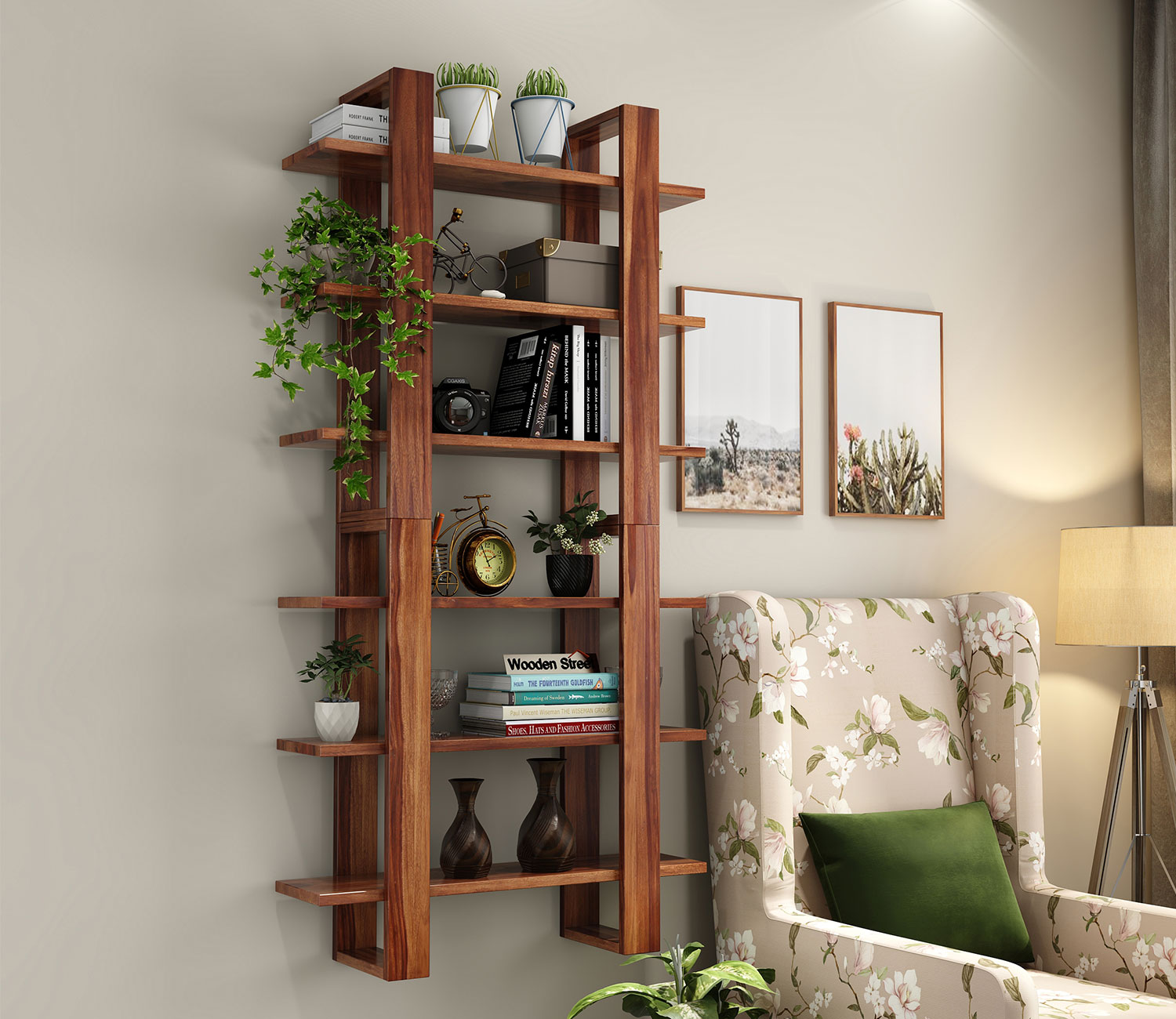 wooden street wall shelves