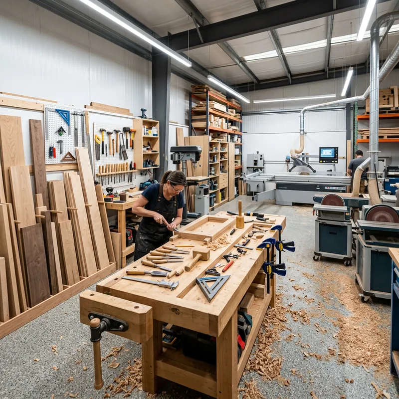 A modern professional woodworking workshop blending traditional hand tools with high-tech digital machinery.