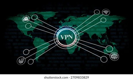 A digital globe graphic surrounded by secure encryption shields and network connection lines on a computer screen.